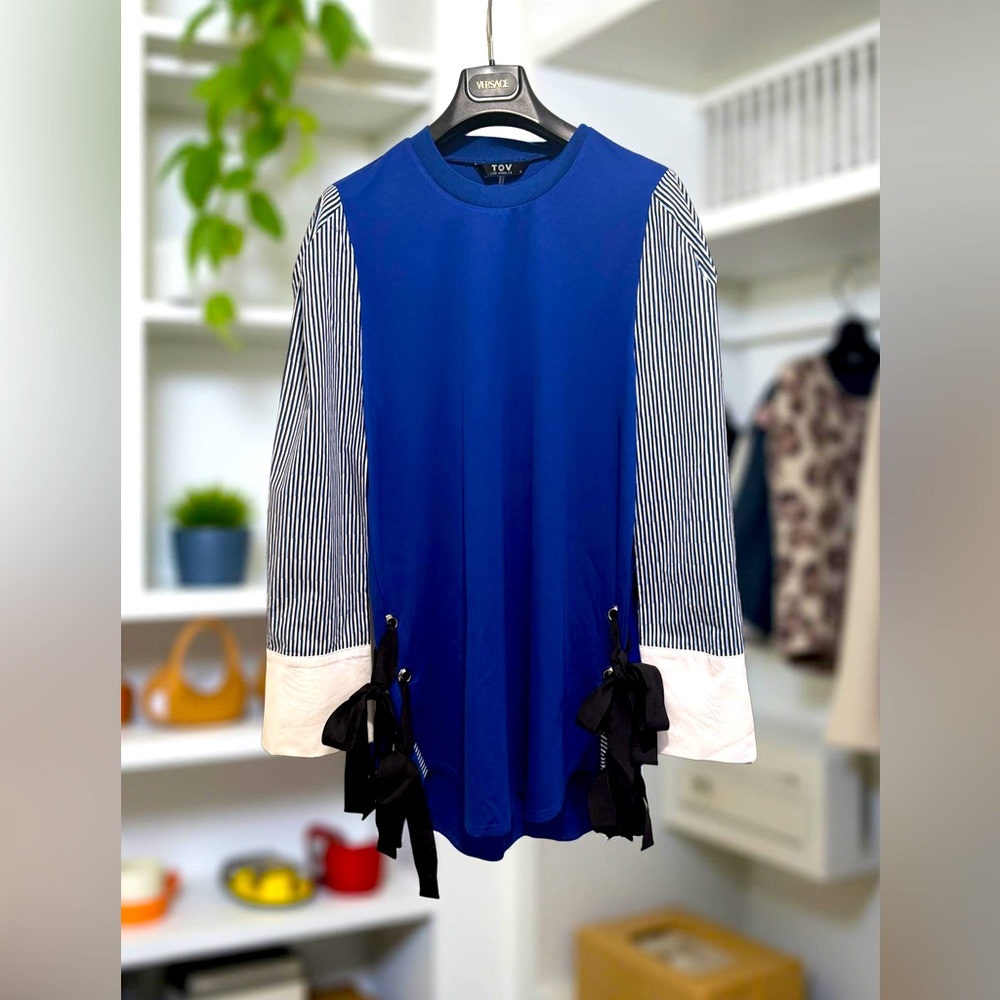 TOV Los Angeles NWOT Sz 12 Blue & Striped Sleeve Top Tunic Dress Side Bows (546)